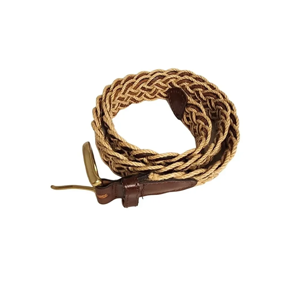 #7611 Brass Buckle Leather Braided Brown Belt Size S 32